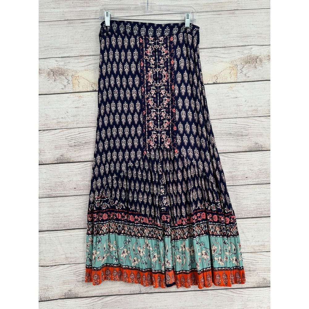 Angie Maxi Skirt Womens Large Navy Blue Boho Paisley Floral Button Front‎ Rayon